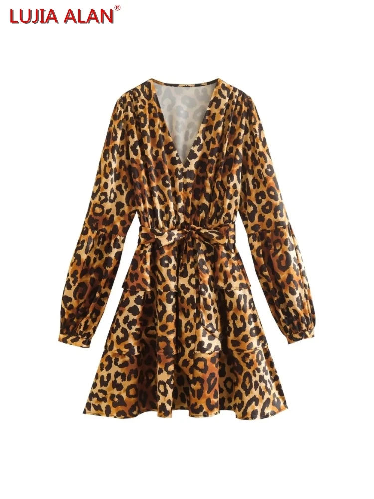 

New Women's Leopard Print Satin Belt Elastic Waist Lantern Sleeve Casual Loose Tiered Ruffle Mini Dress LUJIA ALAN WD887