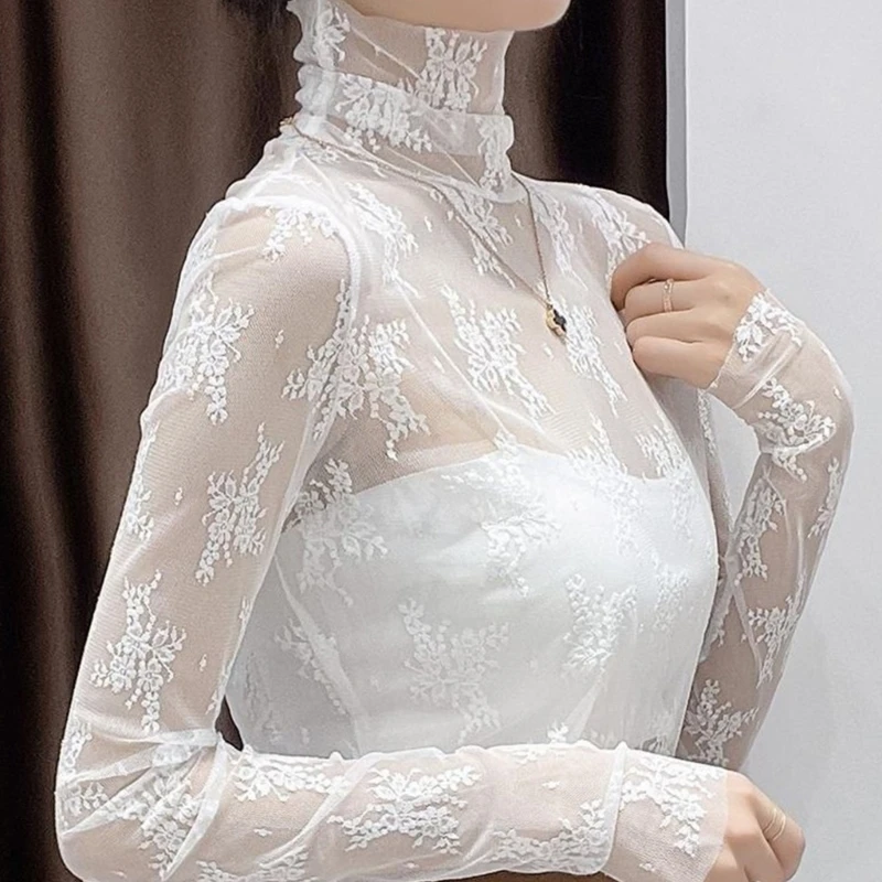 

Женская футболка с длинным рукавом, прозрачная сетчатая Базовая футболка с ложным воротником и цветочной вышивкой, пуловер в Корейском сти...