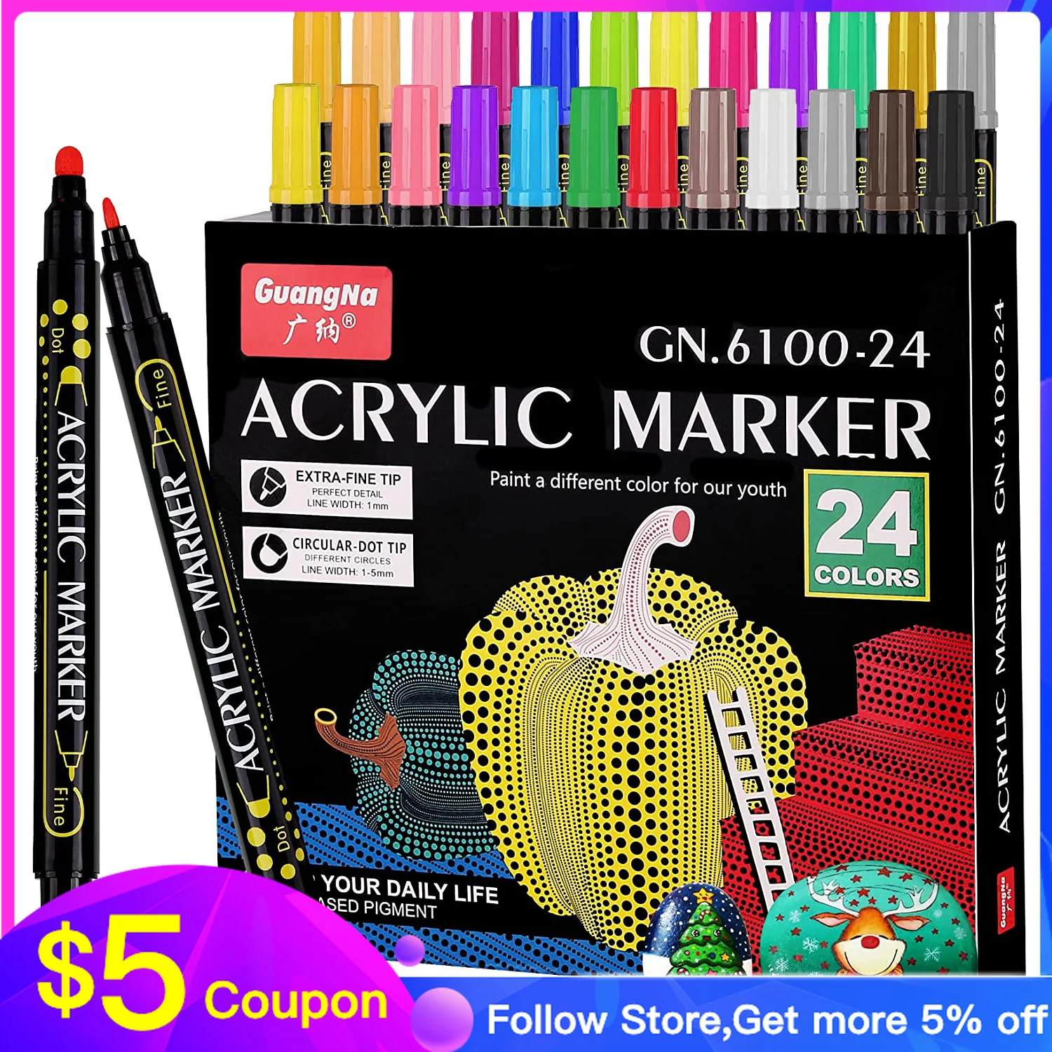 Acrylic Paint Pens, Brush Round Tip Acrylic Maker For Adult Coloring Book Art Rock Painting Card Making