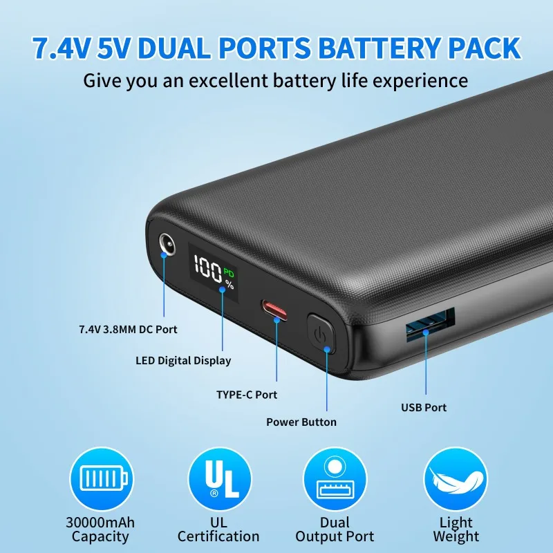 30000 мАч Power Bank DC7 4 В Внешний аккумулятор для куртки с подогревом жилета носков