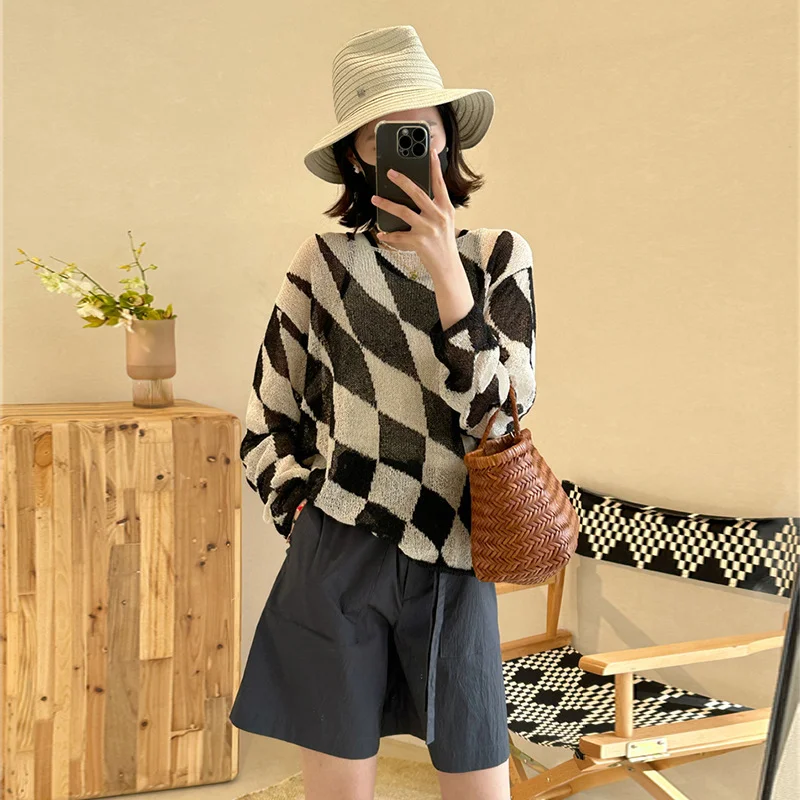 

Экологически чистый трикотаж ~ WH * нишевый бренд, эластичный трикотажный топ с асимметричными контрастными жаккардовыми иглами