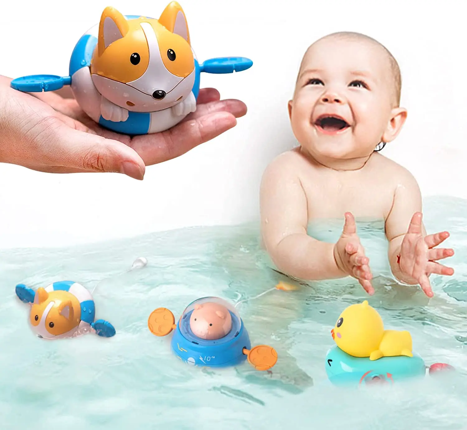 

Clockwork Bath Toys Water Play Bathtub Swimming Pool Floating Wind-up Shower Beach Infant Toddlers Pig Corgi Egg Frog Ship Car