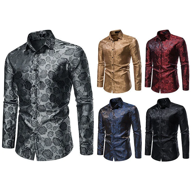 

Spring Men's Clothing And Autumn Middle-Aged And Young Fashion Rose Print Long-Sleeved Shirt Lapel Button Slim Casual Top