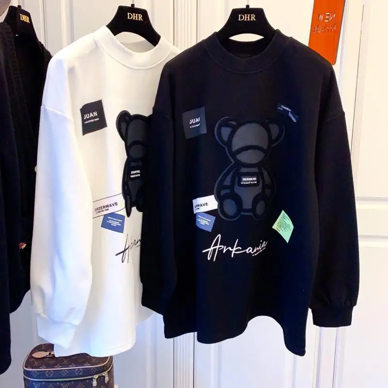 

Новинка 2022, модная повседневная толстовка с капюшоном с трехмерным медведем и надписью, женский свободный свитер средней длины с длинными р...