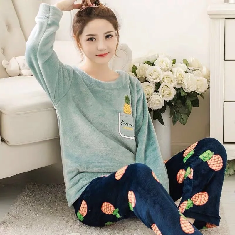 Autumn Winter Warm Flannel Women Pyjamas Sets Thick Coral Velvet Long Sleeve Cartoon Sleepwear Flannel Pajamas Set Girl