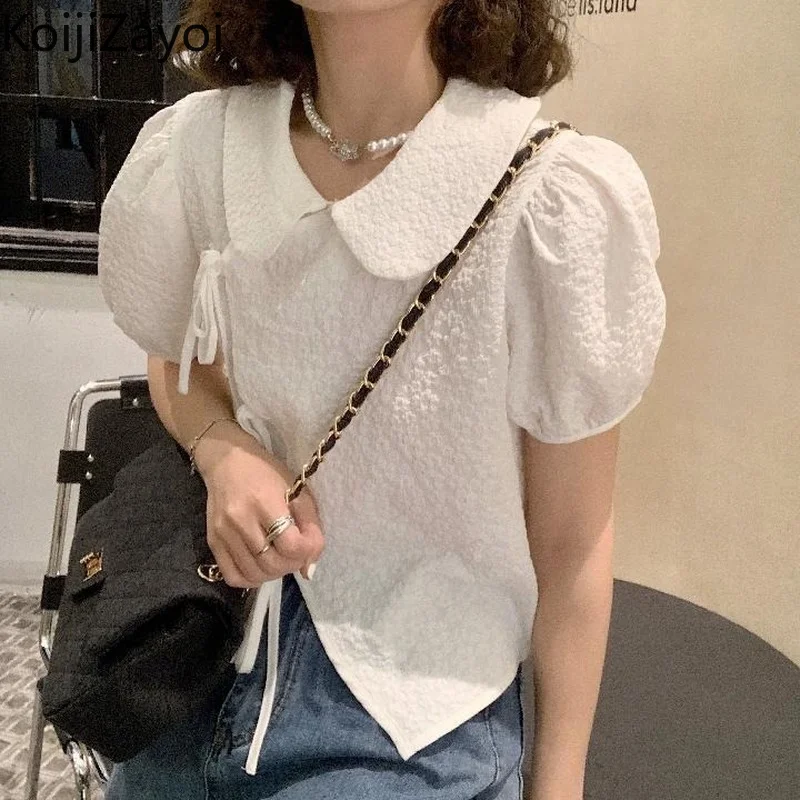 

Koijizayoi Women's Summer Sweet Blouse Peter Pan Collar Puff Sleeve Shirt Chic Top Korean Office Lady Daily Outwear Blusas 2022
