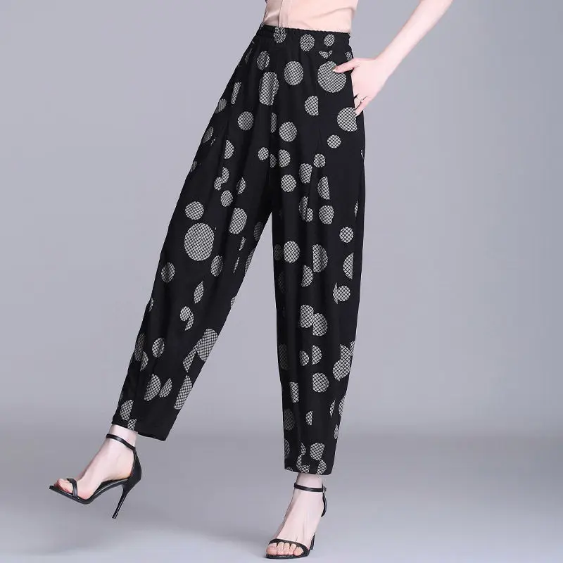 

Women's 2022 Spring Summer Harem Pants Female Casual High Waist Pants Printed Elastic Waist Ladies Carrot Trousers Bottoms O04