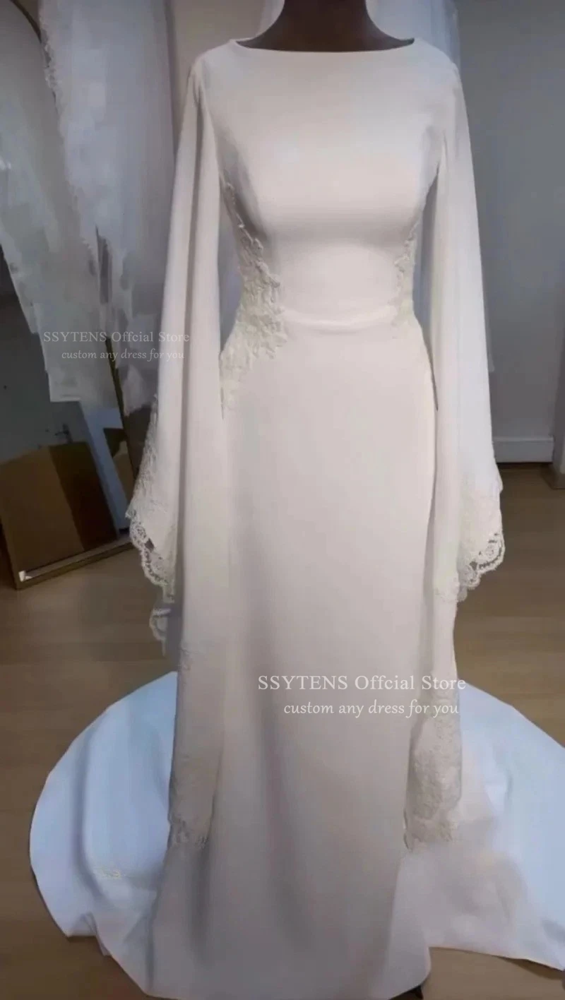 Фото Скромные свадебные платья SSYTENS с длинными рукавами, в стиле бохо, с круглым вырезом, с аппликациями, мусульманские свадебные платья, индивидуальный пошив, Vestidos De Novia №4
