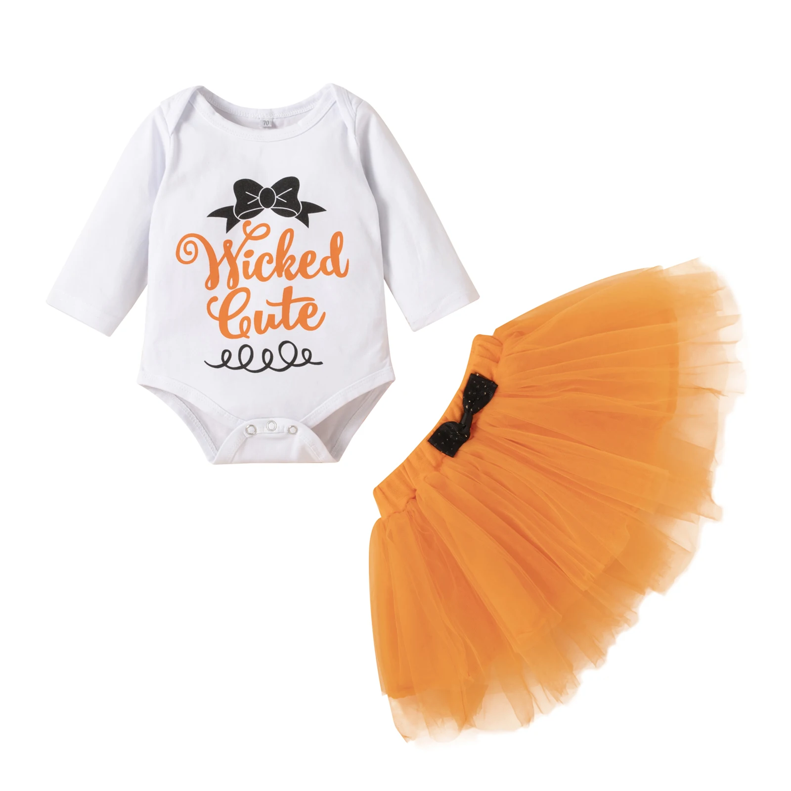 

2Pc Halloween Baby Girls Outfit Autumn Letter Bow Print Long Sleeve Round Collar Bodysuit Mesh Bubble Skirt Casual Set