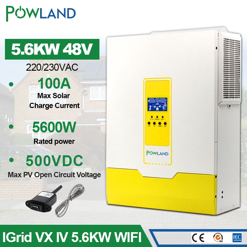 

Powland 5600W Hybrid Solar Inverter On and Off Grid 6000W 100A 500V High PV Input 220V 48V with Parallel Function and WIFI