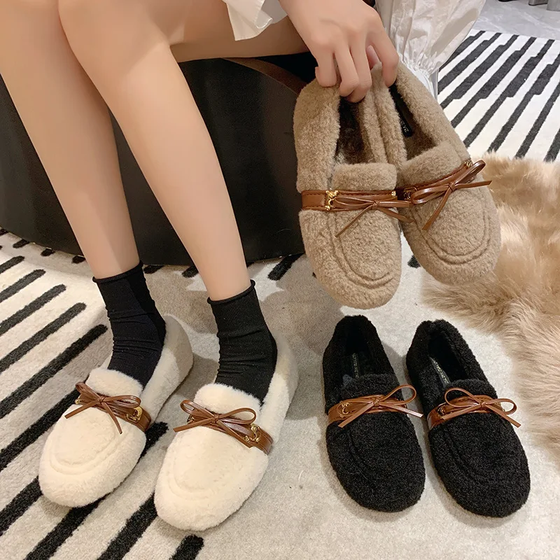 

Winter Shoes Women Female Footwear Shallow Mouth Round Toe Casual Sneaker Autumn Loafers Fur Modis Bow-Knot Slip-on Dress Moccas