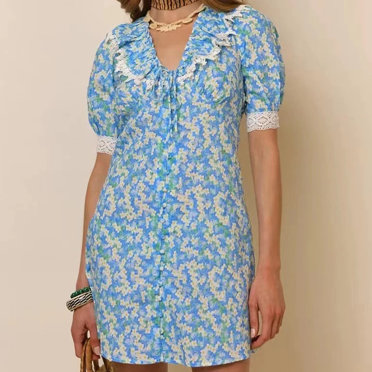 

Floral Print Women Mini Dress Lace-trimmed Short Puff Sleeve Single Breasted Female Dress