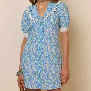 Floral Print Women Mini Dress Lace-trimmed  Short Puff Sleeve Single Breasted Female Dress