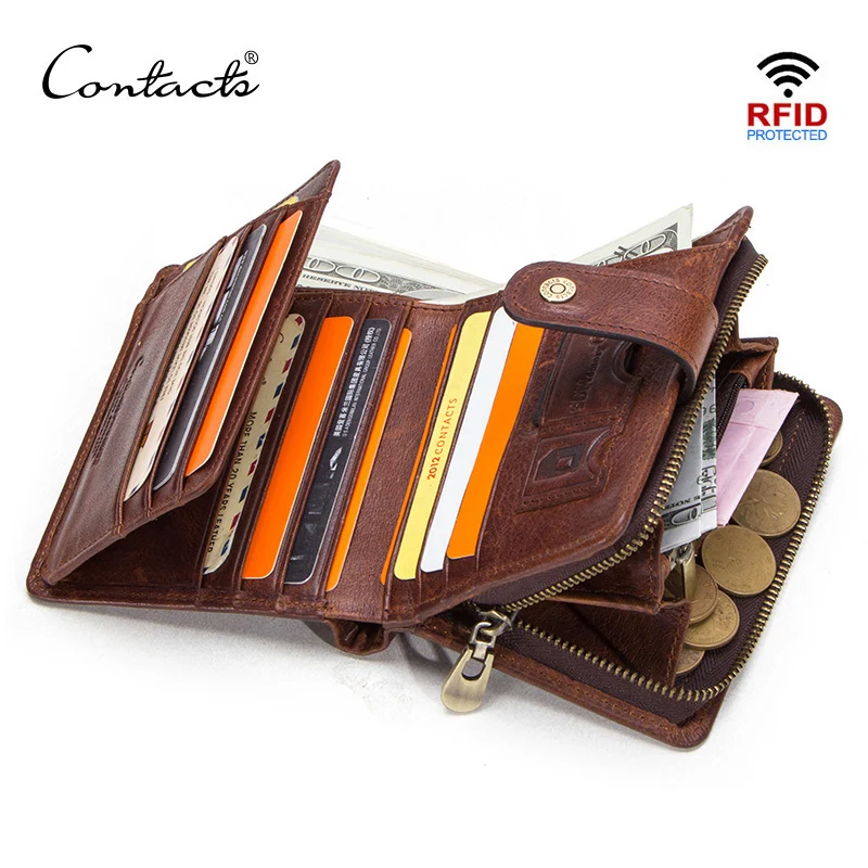 CONTACT'S Genuine Leather RFID Vintage Wallet Men With Coin Pocket Short Wallets Small Zipper Walet With Card Holders Man Purse