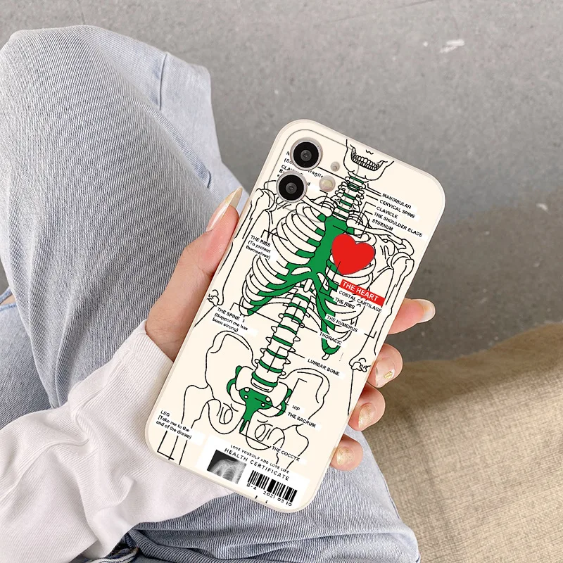 Heart Skeleton Phone Case For iPhone 13 14 Pro Max 11 12 XS XR 7 8 Plus Creative Shockproof Soft Silicone Phone Case Back Cover