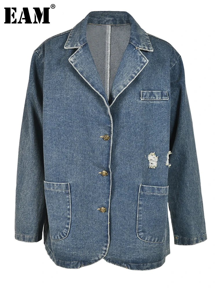 

[EAM] Loose Fit Blue Holes Big Size Denim Casual Jacket New Lapel Long Sleeve Women Coat Fashion Tide Spring Autumn 2023 CP2168
