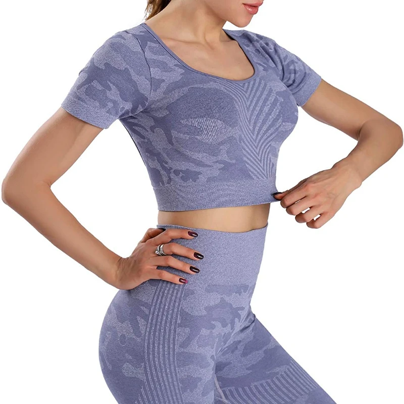 

Seamless Camo Sport Outfit for Woman High Waist Tights Workout Gym Yoga Leggings Outfit Fitness Short Sleeve Women's Tracksuit