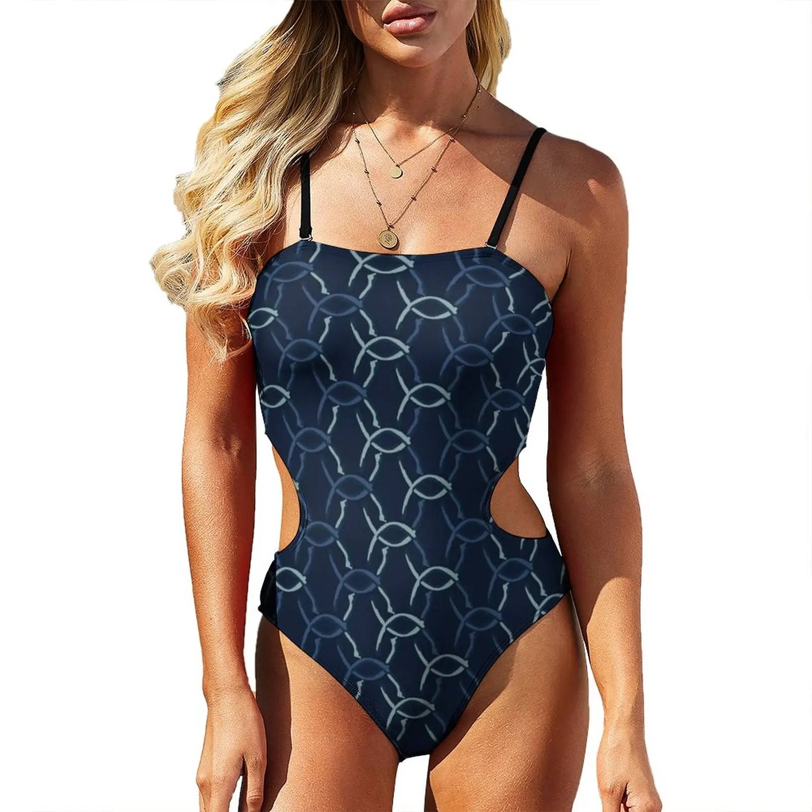 

Chain Print Swimsuit Indigo Blue Net Push Up Swimwear One Piece Monokini Sexy Stylish Bath Swimsuits Plus Size XXL
