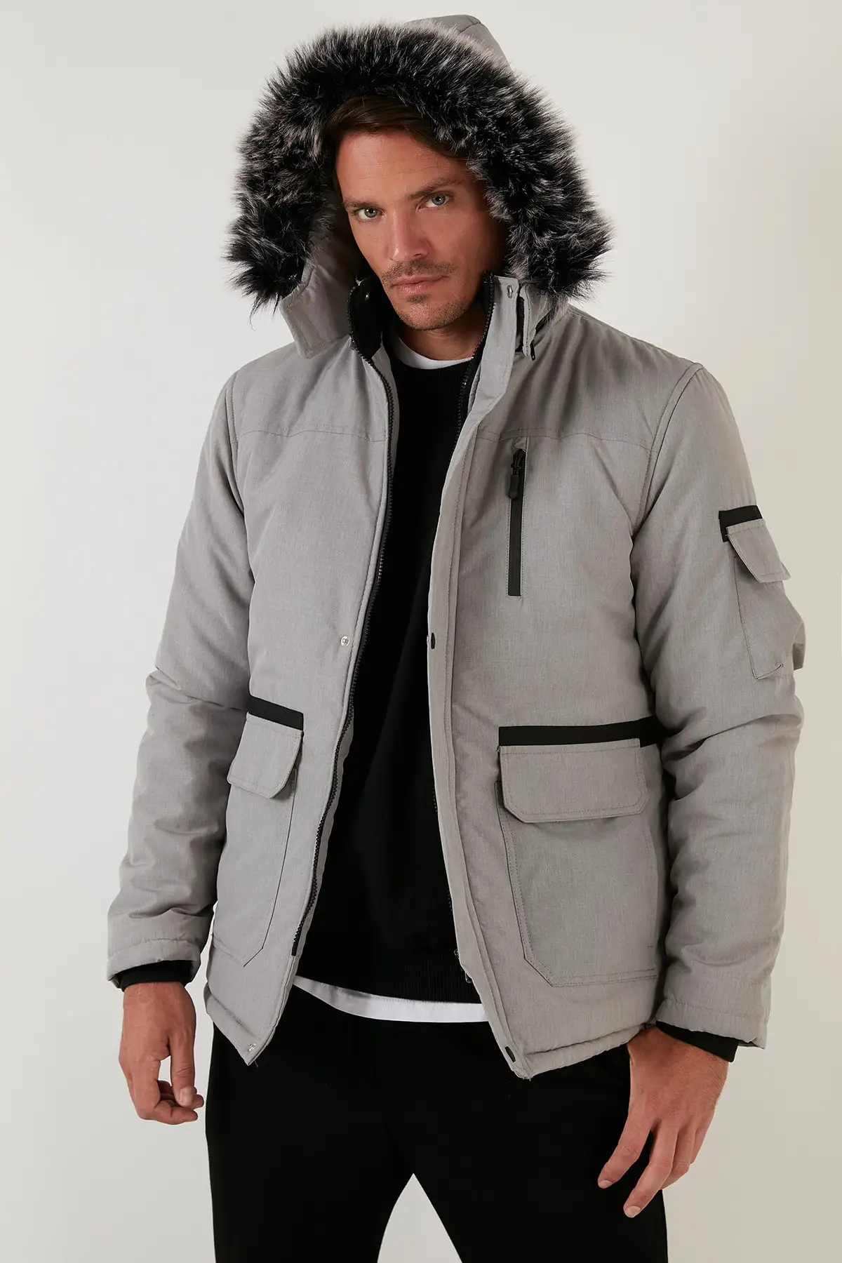 Cotton Plusus Lined Collar Hairy Detachable Hooded Slim Fit Coat 5711051