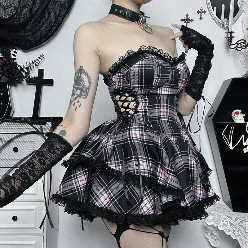 

Gothic Cut Out Straples Tube Top Bodycon Dress Women's Vintage Ruched Sleeveless Lace Trim A Line Hem Corset Dresses