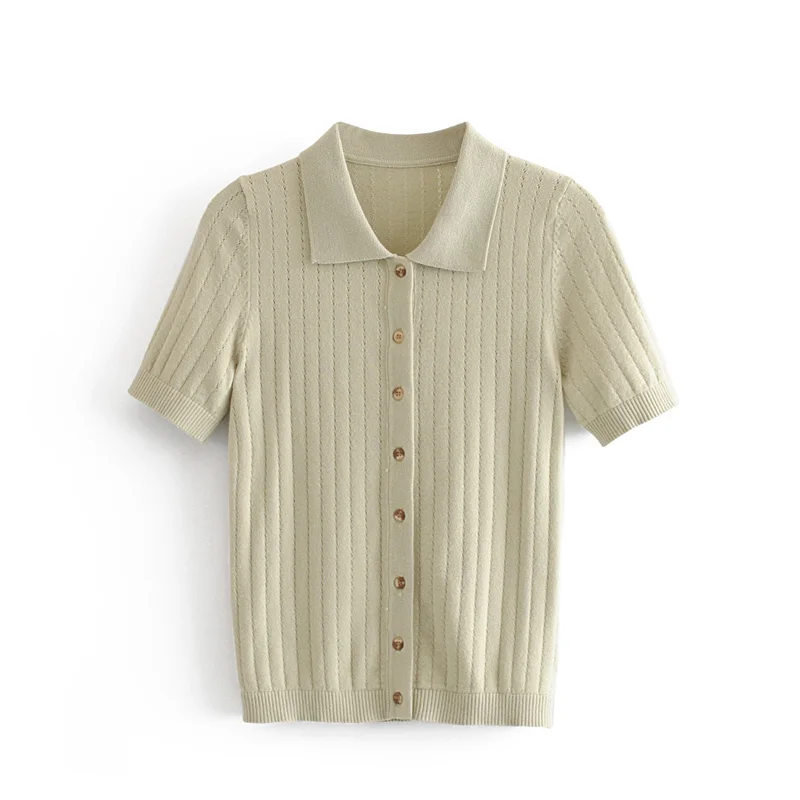 

New women's solid color sweater simple style casual knit tops short sleeve lapel hollowed out knitwear