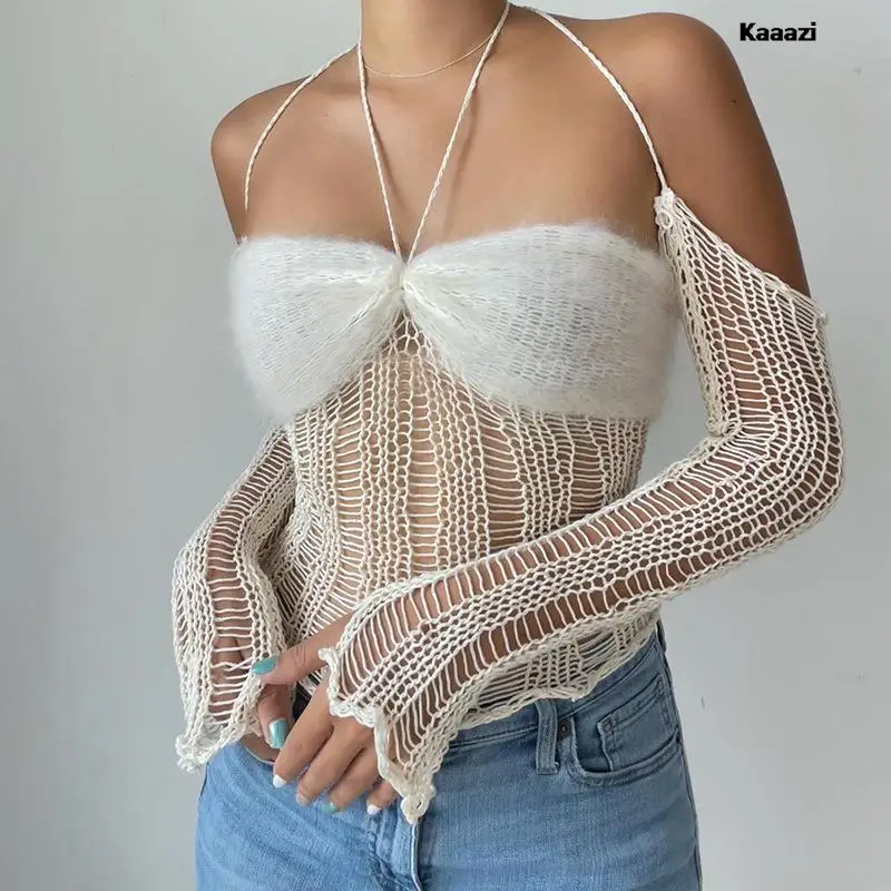 

KAAAZI Hollow Out Straps Slip Tee Summer Bandage Halter Sexy Patchwork Knitting Sleeveless Ladies Crop Top Backless See Through