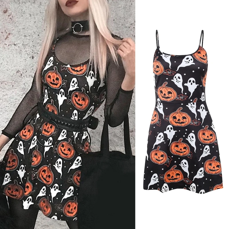 

Women Pumpkin Dresses Gothic Strap Print Spaghetti Holiday Sexy Mini Ghost Casual Cami Dress Halloween Vintage Party