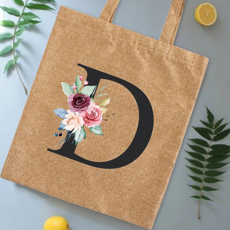 Women Linen Shopping Bag Casual Large-capacity Letter Initial Name Pattern Printed Canvas Shoulder Reusable Tote |