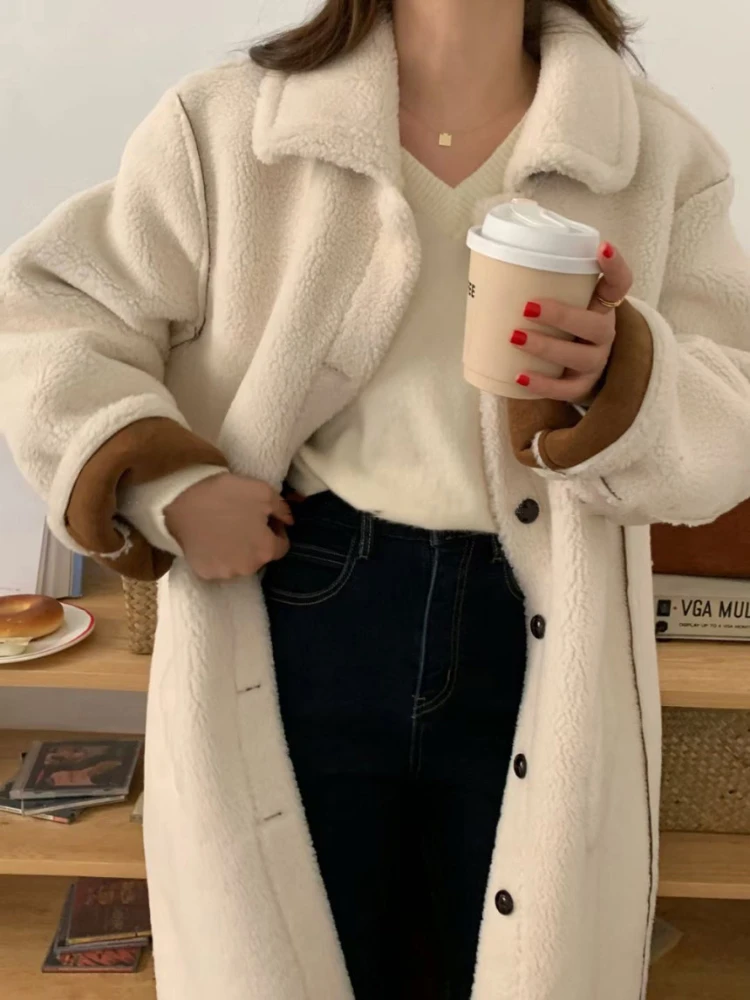 Winter Women Long Lamb Fur Coat Vintage Loose Lapel Collar Overcoat Thick Warm Outerwear Female Single Breasted Plush Coats