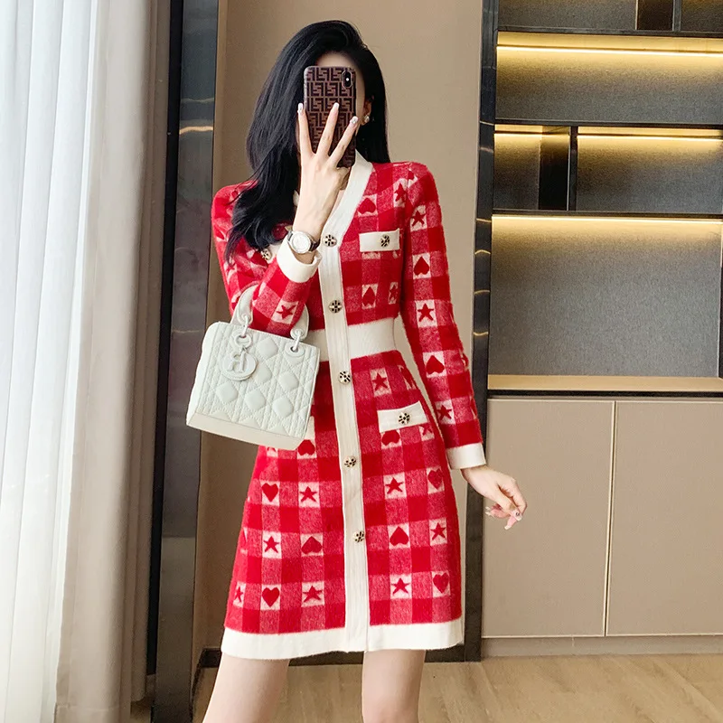

High Quality 2023 Elegant Contrast Color Design Women Dress Female Evening Party Autumn Winter Crop Top Clothes Casual Y2k Robe