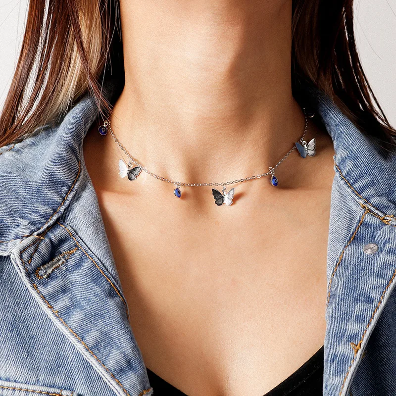 

Trendy Crystal Turkish Blue Evil Eyes Necklace For Women Water Drop Butterfly Pendant Choker Necklace Simple Boho Girl Jewelry