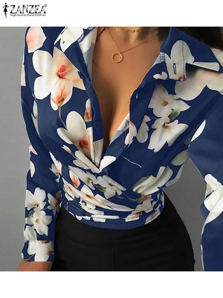 

Блузка ZANZEA Женская с длинным рукавом, Офисная рубашка в богемном стиле, с отложным воротником, повседневная свободная туника, топ оверсайз, ...