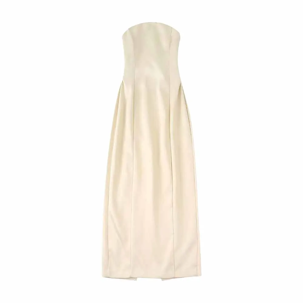 

TRAF WOMEN 2022 New Fall/Winter Silk Satin Midi Dress Temperament Backless Retro Female Lace-up Tube Top Dress Vestidos 2180233