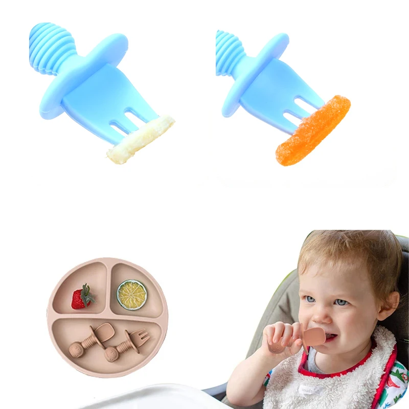 

Soft Silicone Baby Tableware Self Feeding Spoon Fork Kids Baby Easy Grip Cutlery Sets Children Short Handle Non-Slip Utensils