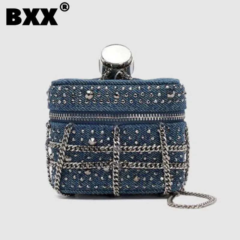 

[BXX] Female Denim Diamond Mini Crossbody Handbag Gray And Blue Zipper Sequined Temperament Trendy Exquisite Bag 2023 New 8CY409