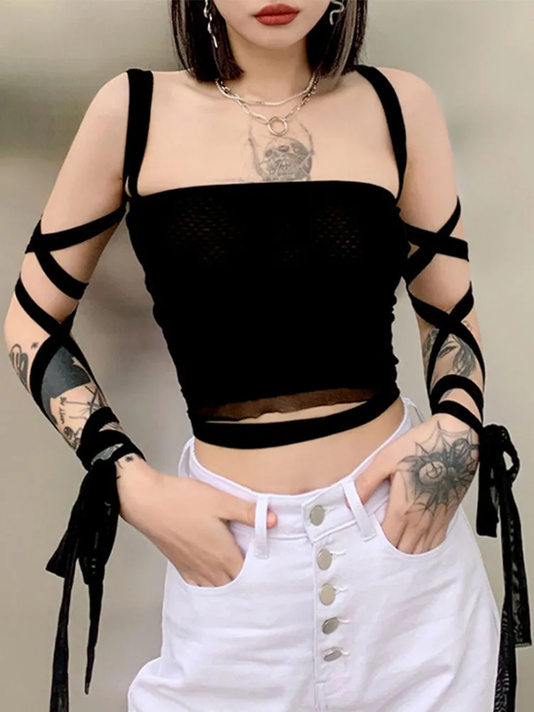 Black Mesh Lace Up Bandage Crop Top Fairy Grunge Aesthetic Clothes Cyber Y2k Mall Goth Tanks Sexy Clothing