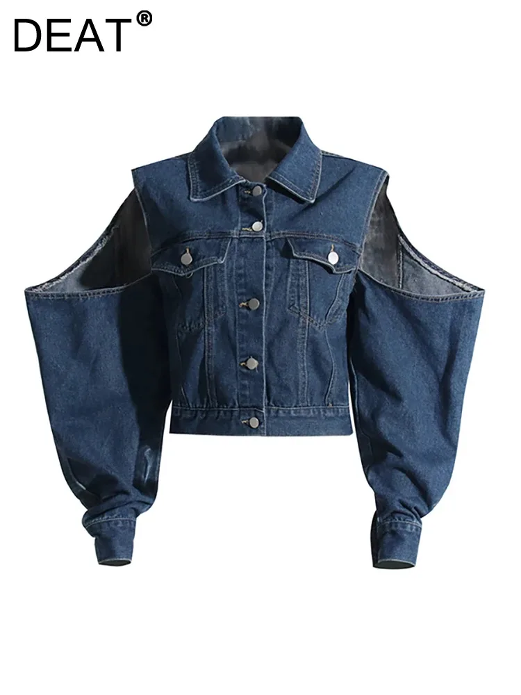 

Женская джинсовая куртка с открытыми плечами DEAT, синяя ажурная джинсовая куртка с отложным воротником в стиле пэчворк, Новинка осени 2023, 29L5182