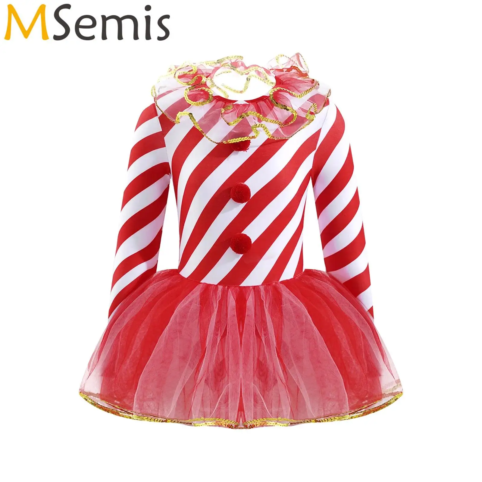 

Детский Рождественский костюм для девочек, праздничное платье Санта-Клауса, сетчатый комбинезон с принтом в полоску, помпонами и блестками для балета и танцев, платье-пачка