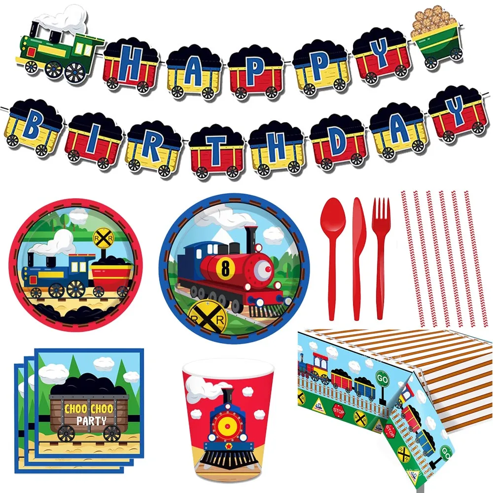 

Train Party Supplies Tableware Disposable Paper Plates Cups Napkins Kids Birthday Baby Shower Dinnerware Party Decorations