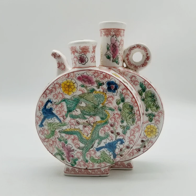 

Пастель Kangxi с изображением дракона и цветов, горшок с двойной луной, плоская бутылка, ретро, ручная роспись, античное коллекционное украшени...