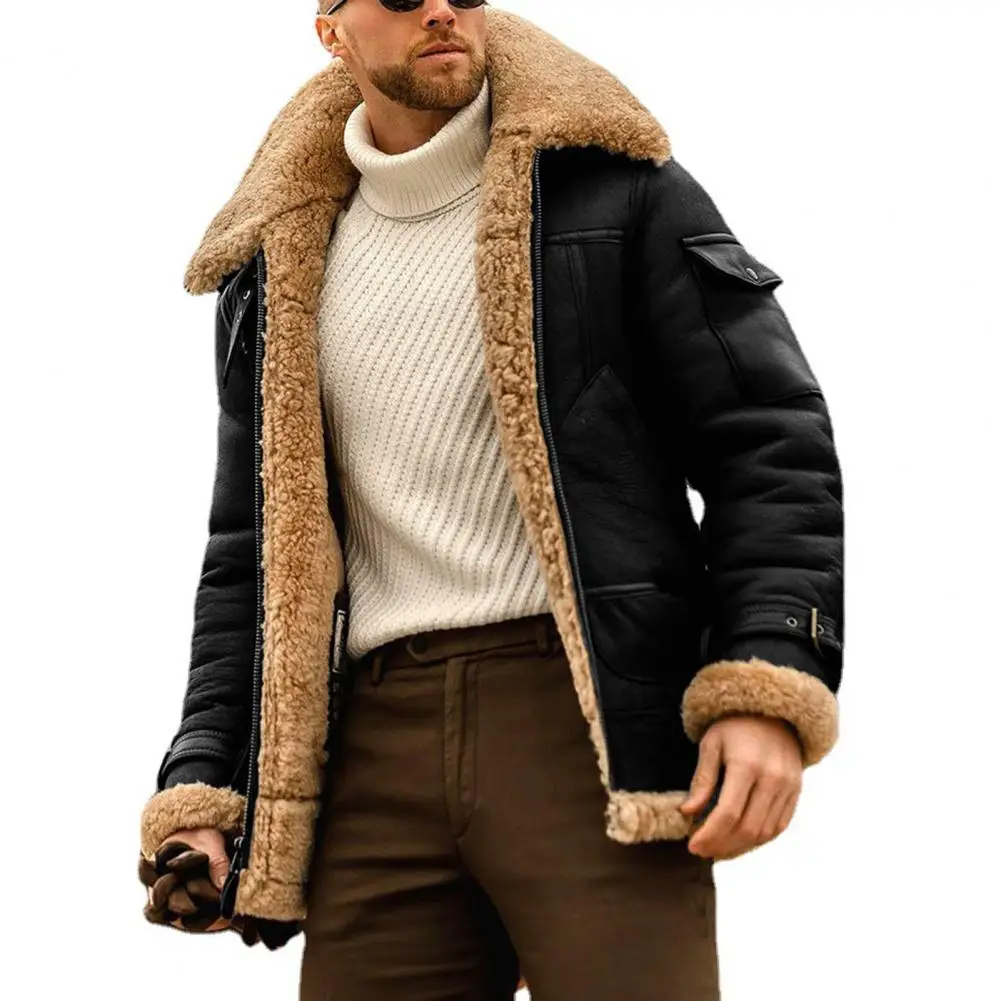 

Stylish Men Jacket Mid-length Men Coat Lapel Windproof Faux Fur Jacket Keep Warm