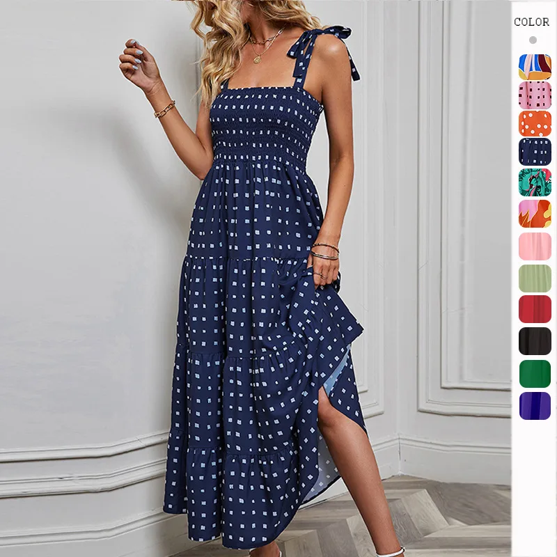 

LEOSOXS Women's sexy backless printed holiday style suspender dress for women