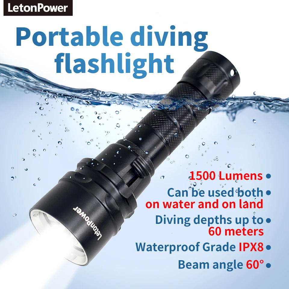 

Super Bright Tactical Scuba Diving Light 1500LM Waterproof IPX8 Portable Diving Flashlight for Submersible Water Night Fishing