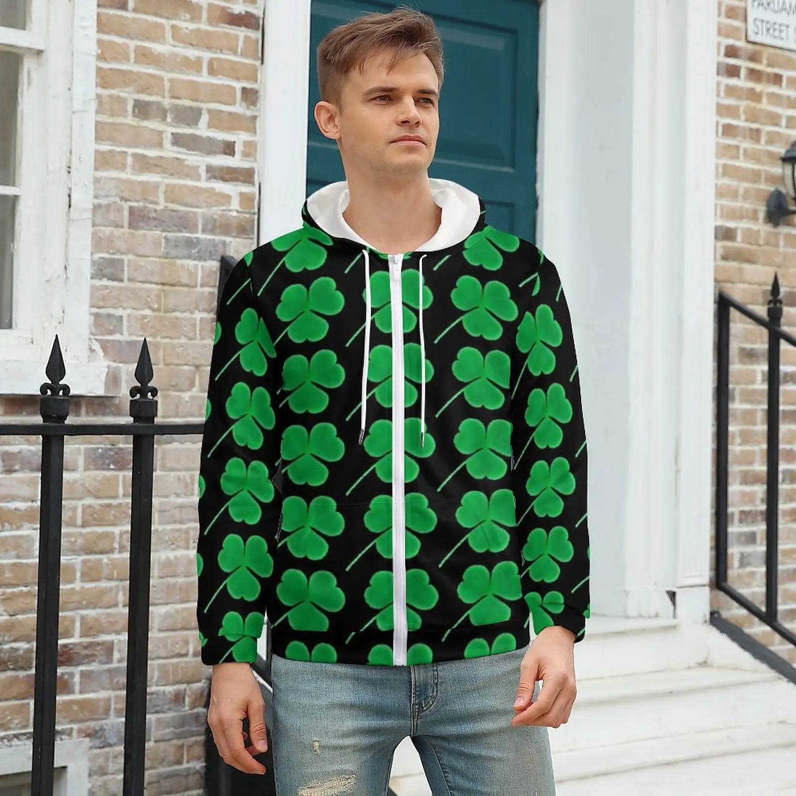 

Green Shamrock Pattern Hoodie St Patricks Day Irish Winter Hoodies Cool Mens Zip Up Hoodie Mens Oversized