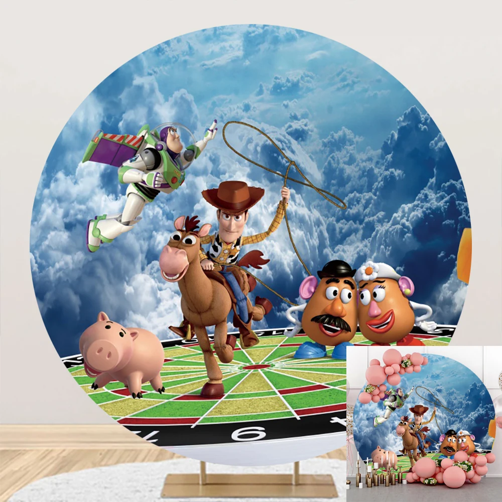 

Disney Toy Story Woody Andy Circle Background Cartoon Birthday Party Decoration Banner Round Photography Backdrop Photo Studio