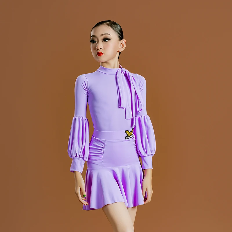 

Костюм для латиноамериканских танцев YS3492, фиолетовый наряд для танцев самбы, топ с пышными рукавами, юбка для танго, одежда для выступлений