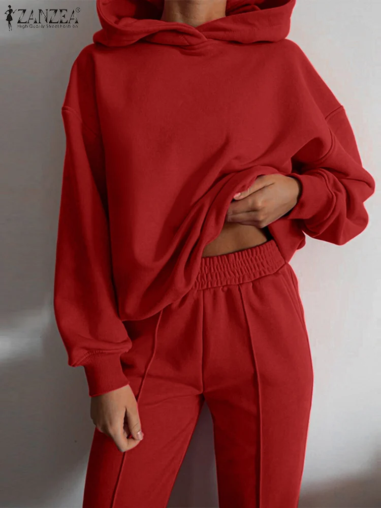 

Holiday Pant Suits Women Casual Solid Urban Tracksuit ZANZEA Vintage Hooded Sweatshirt Elastic Waist Pant Oversize Matching Sets