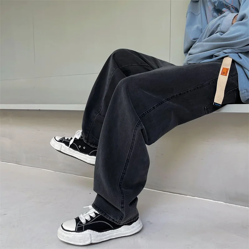 Classic Solid Wide Leg Jeans Mens Korean Fashion Trends Vintage Streetwear Bottoms Teens Baggy Straight Denim Pants Male Clothes