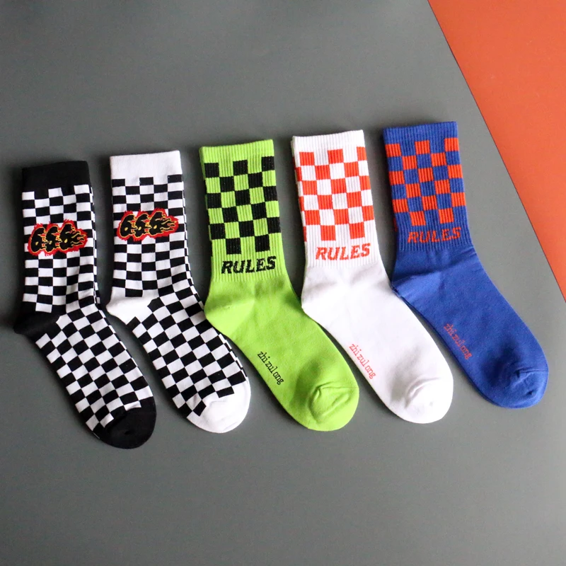 

3Pairs Set Adult F1 Flag Crew Socks Fire 666 Three Six Flame Check Chess Black White Lattice Terminal Terminus Destination Sock