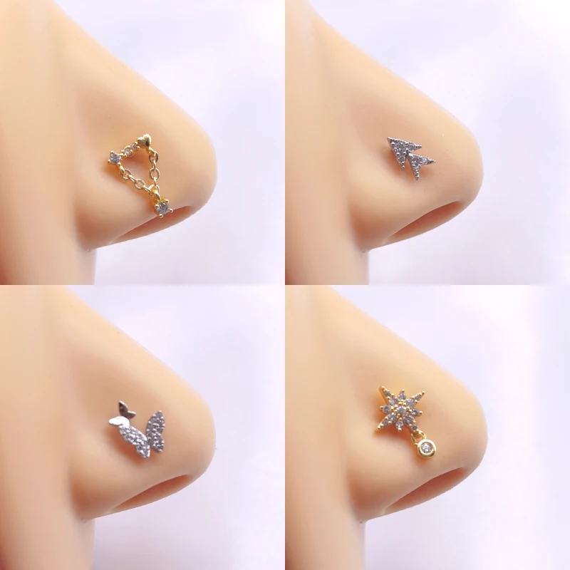 

1PC Fashion L Shaped Chain Dangle Nose Studs 20G Stainless Steel Butterfly Zircon Nostril Bone Screw Indian Nose Ring Piercing